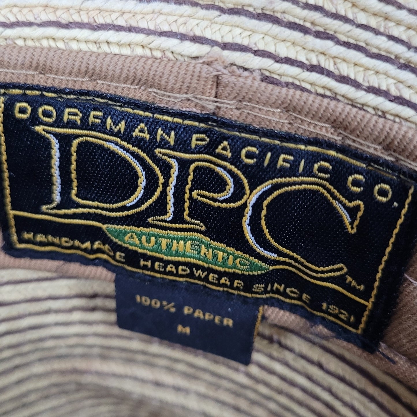 Dorfman Pacific Co Tan 100% Paper Handmade Black Brown Band Fedora Hat Medium M