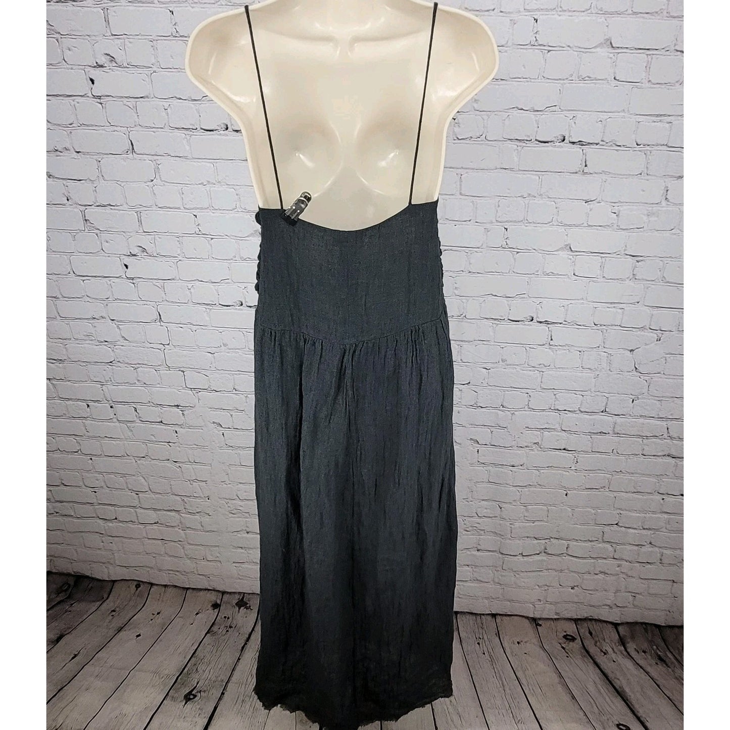 MASSCOB Grey Linen Strappy Ruched Cotton Lined Dress Spain Made Small S *strap