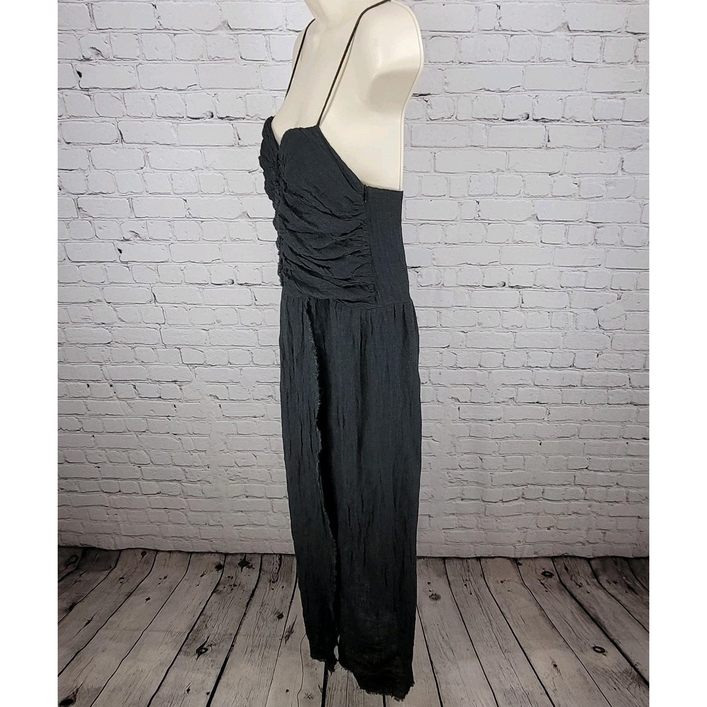 MASSCOB Grey Linen Strappy Ruched Cotton Lined Dress Spain Made Small S *strap