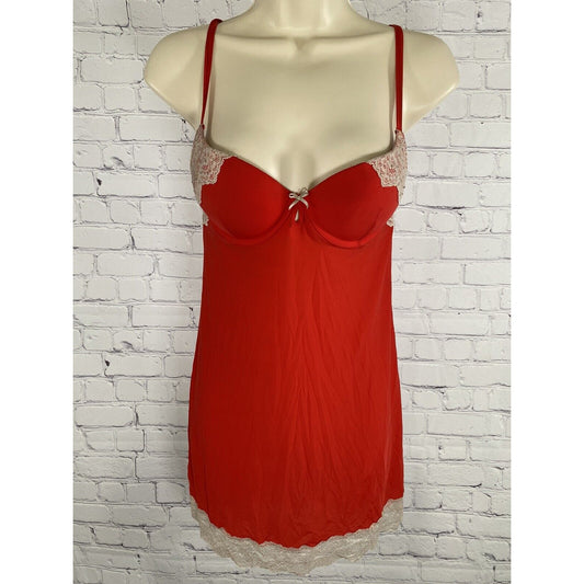 Victoria’s Secret Red Padded Babydoll Nightie Lace Rhinestones 34B