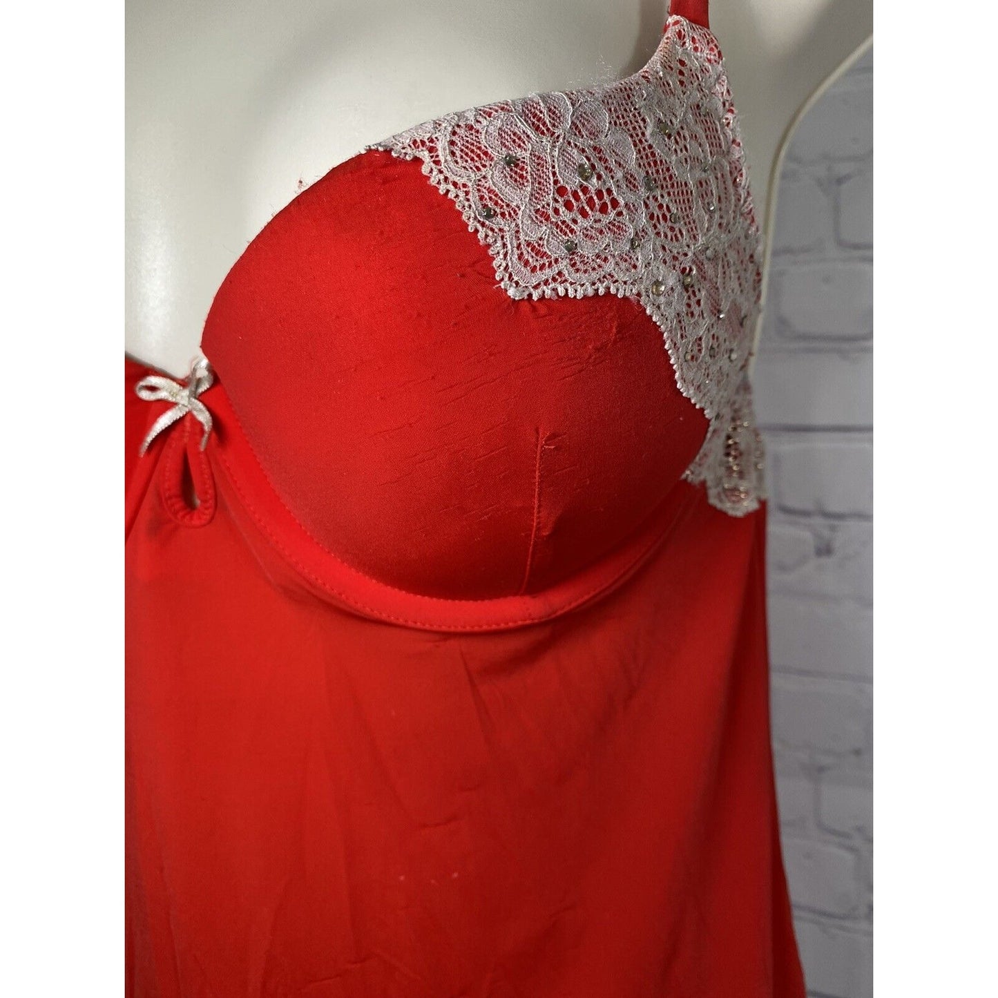 Victoria’s Secret Red Padded Babydoll Nightie Lace Rhinestones 34B