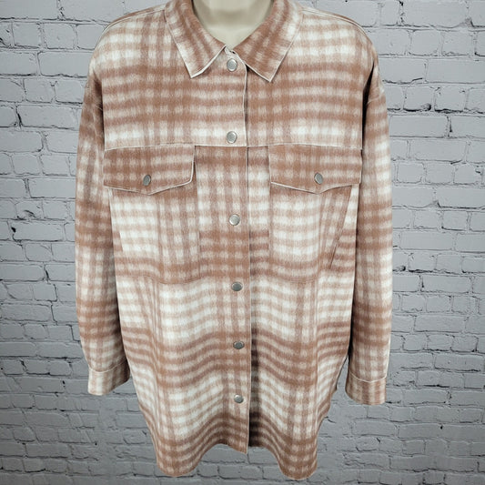 Zara Tan Check Oversized Boxy Snap Up Shacket Lightweight Jacket Size Medium M