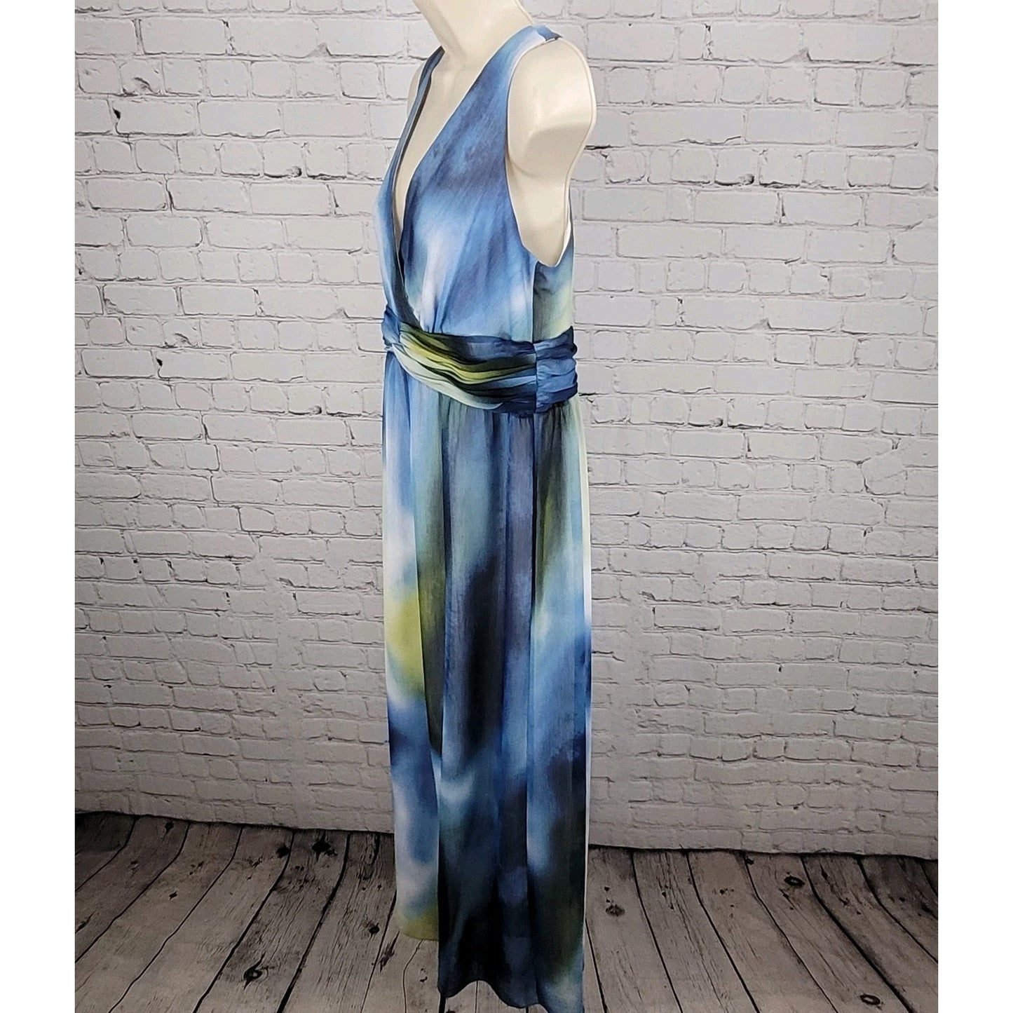 Chico's Blue Green Pleated Empire Waist Sleeveless Maxi Dress Size 1.5 US 10
