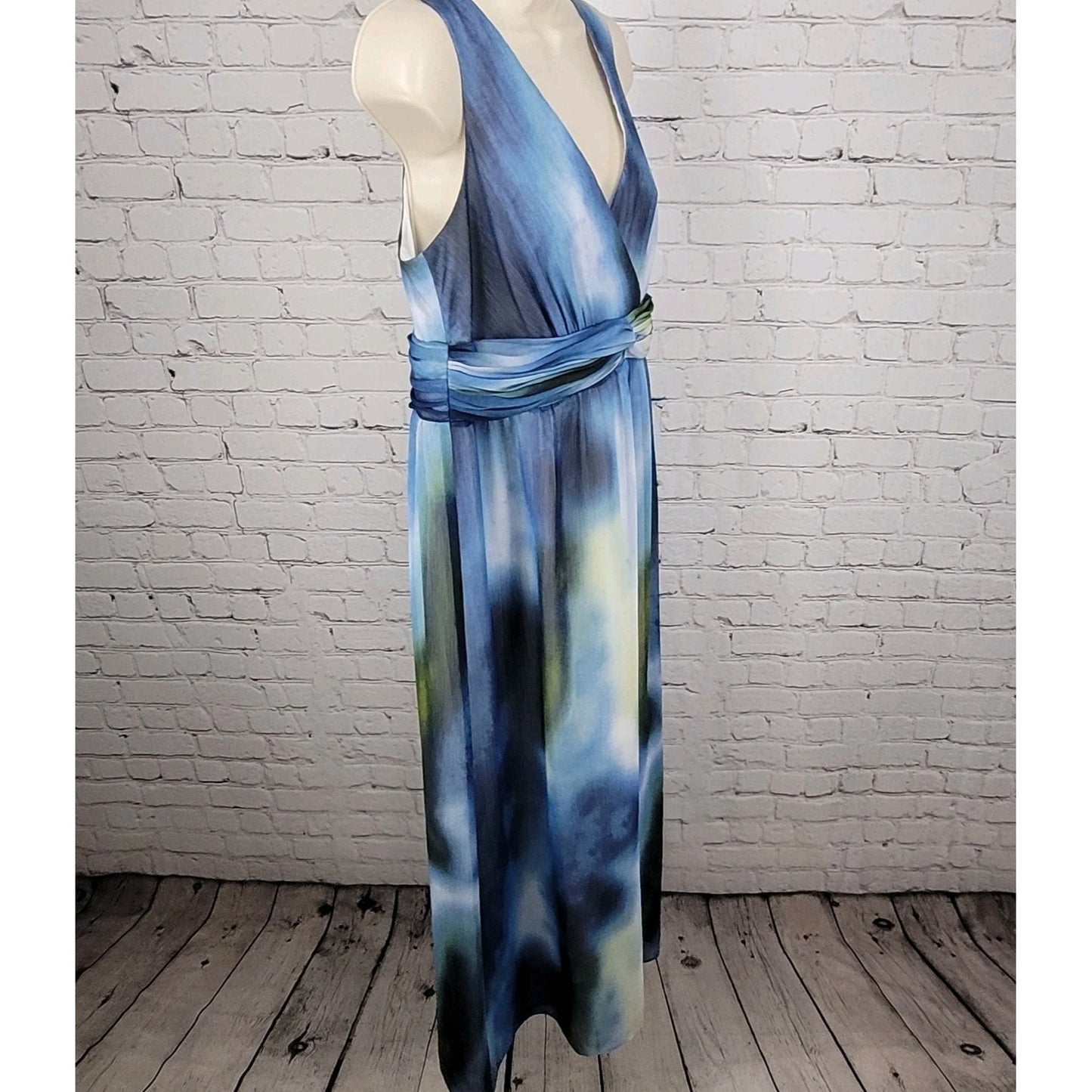 Chico's Blue Green Pleated Empire Waist Sleeveless Maxi Dress Size 1.5 US 10