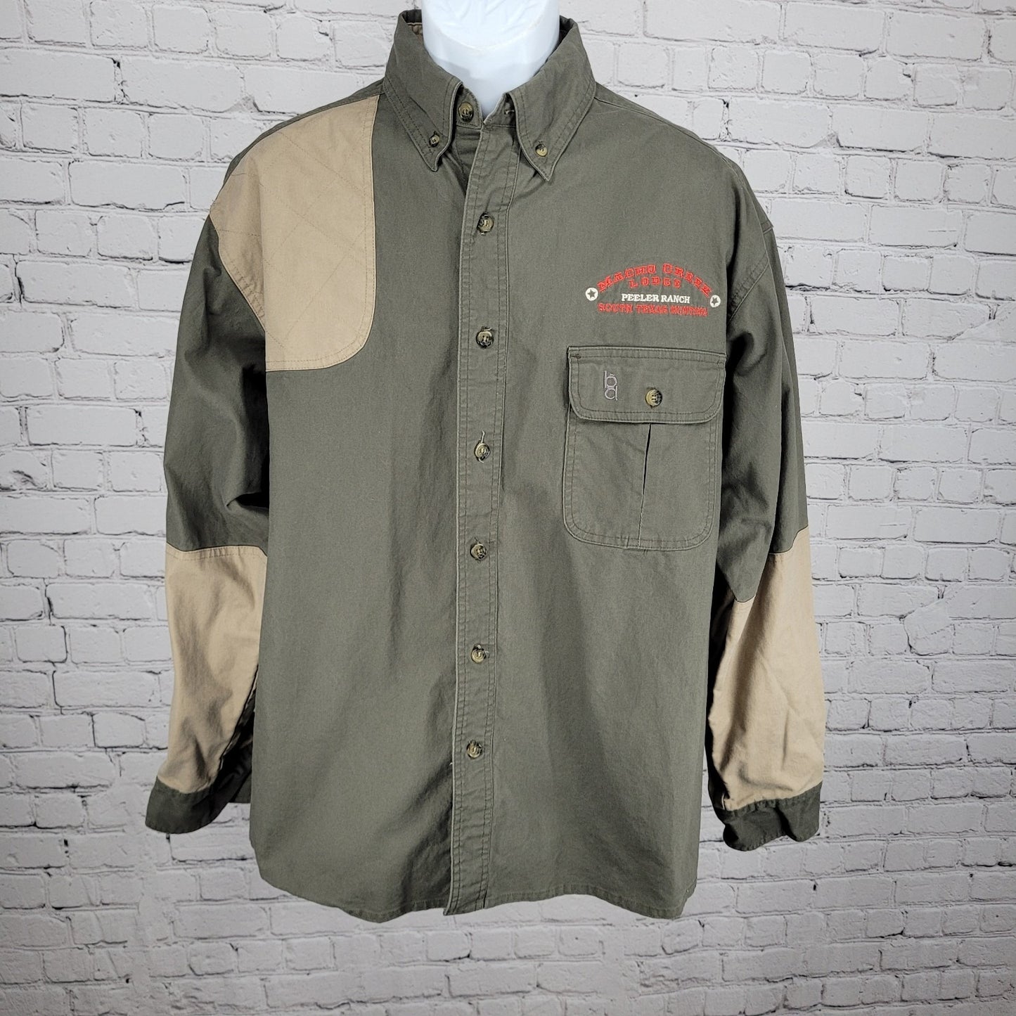 Macho Creek Lodge Hunting Brown Bob Allen Long Sleeve Button Down Shirt Large L