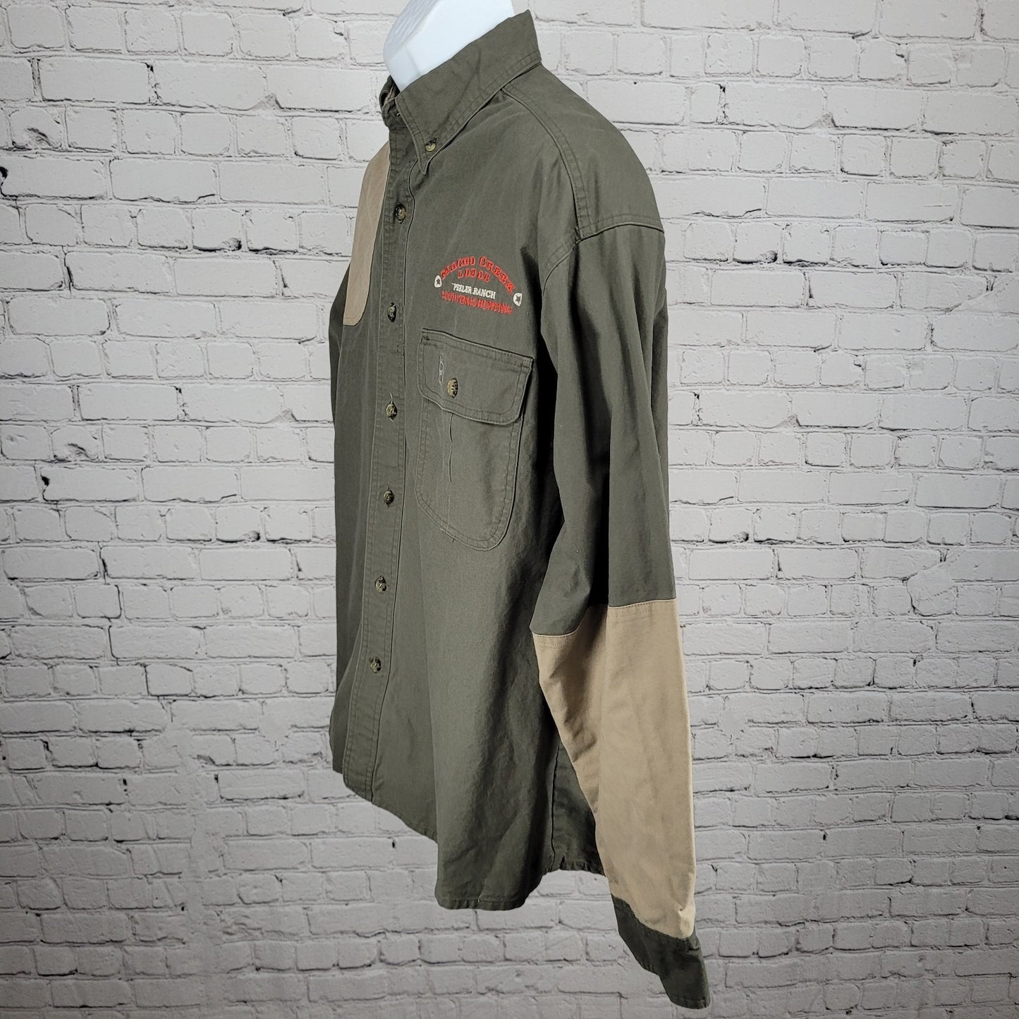 Macho Creek Lodge Hunting Brown Bob Allen Long Sleeve Button Down Shirt Large L