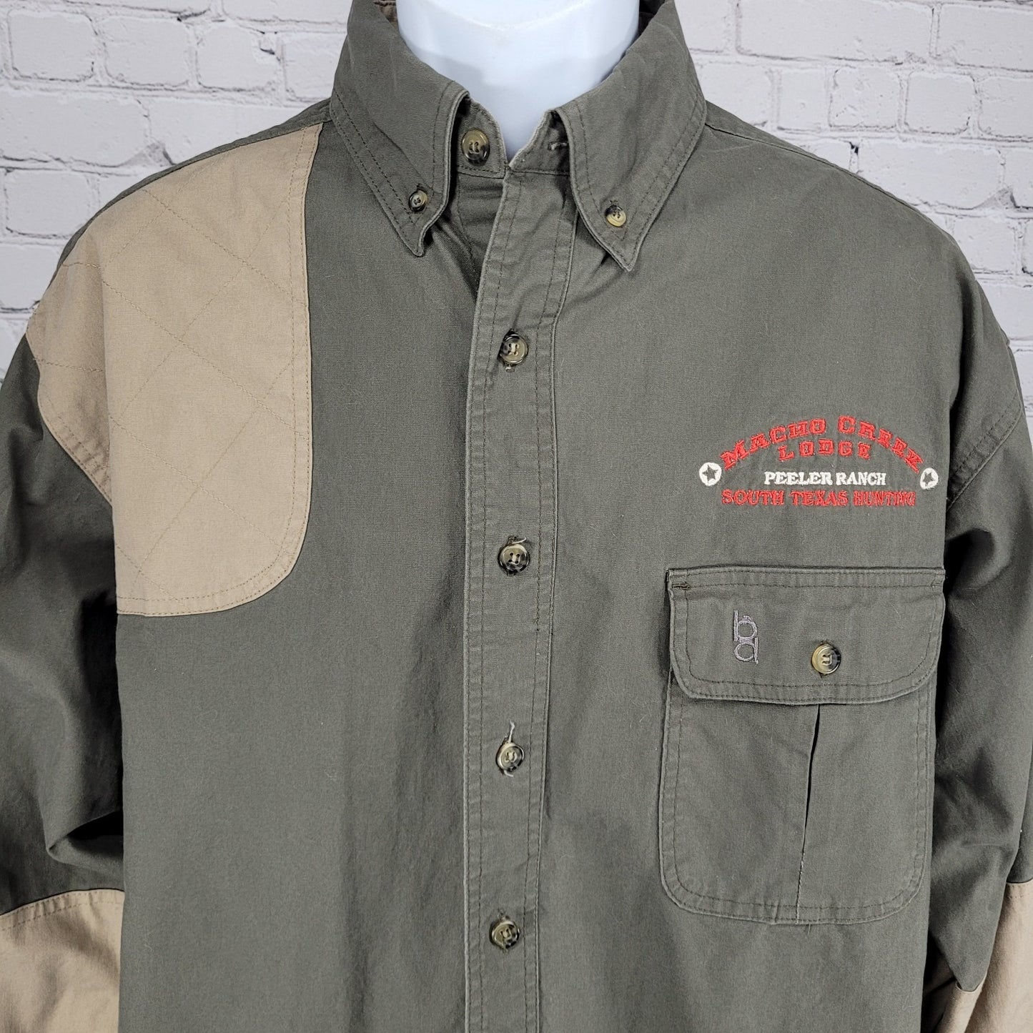 Macho Creek Lodge Hunting Brown Bob Allen Long Sleeve Button Down Shirt Large L