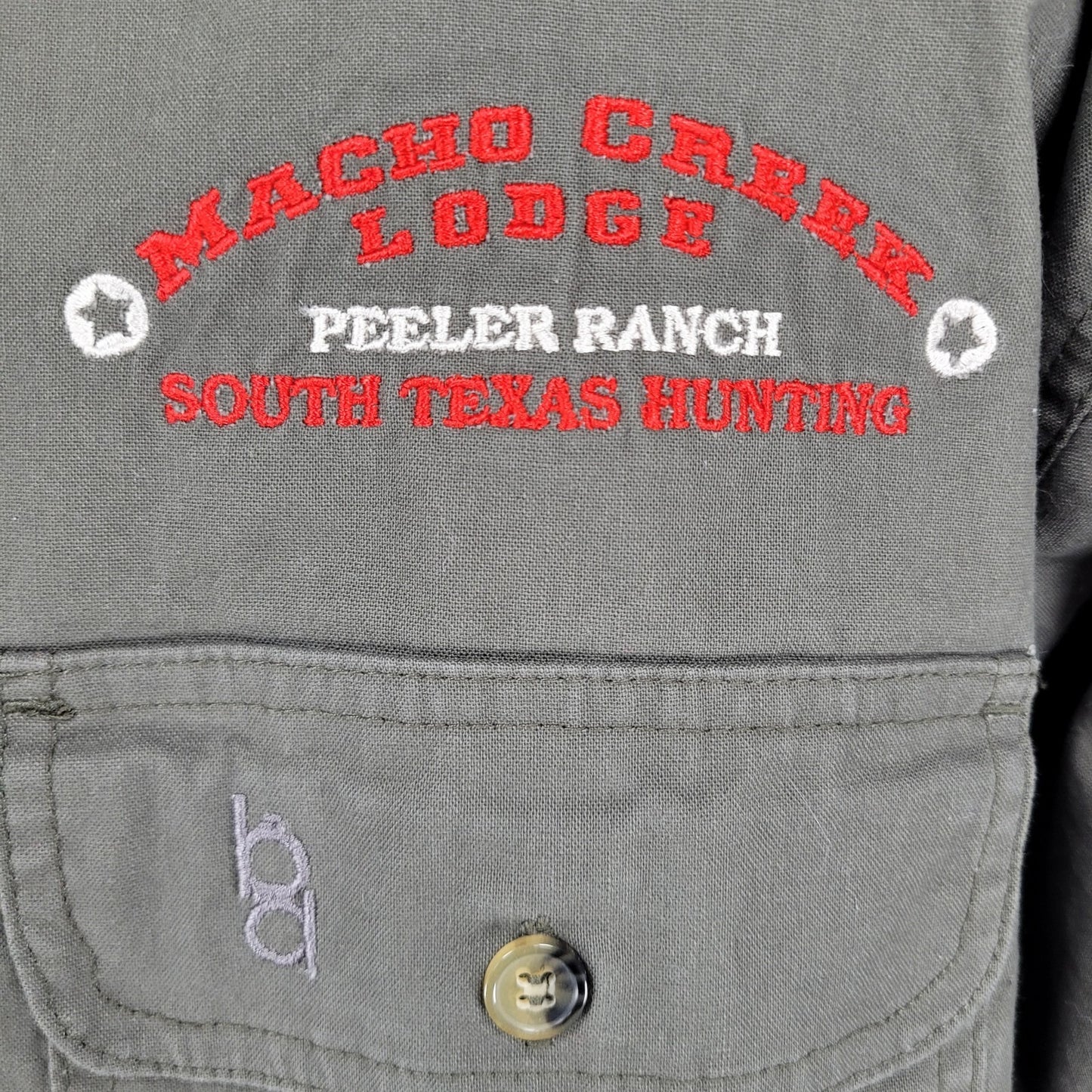 Macho Creek Lodge Hunting Brown Bob Allen Long Sleeve Button Down Shirt Large L