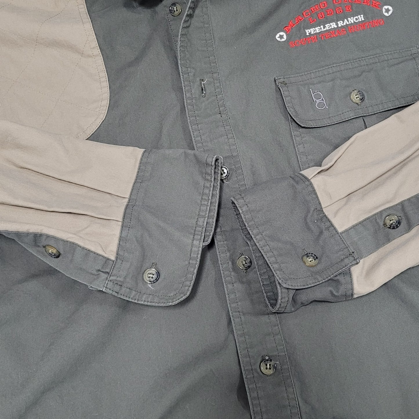 Macho Creek Lodge Hunting Brown Bob Allen Long Sleeve Button Down Shirt Large L