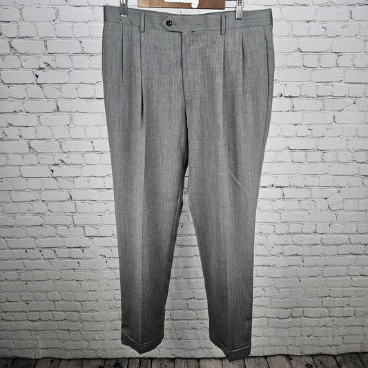 Jos A Bank Grey 100% Wool Executive Herringbone Pleated Cuffed Dress Pants 34x33