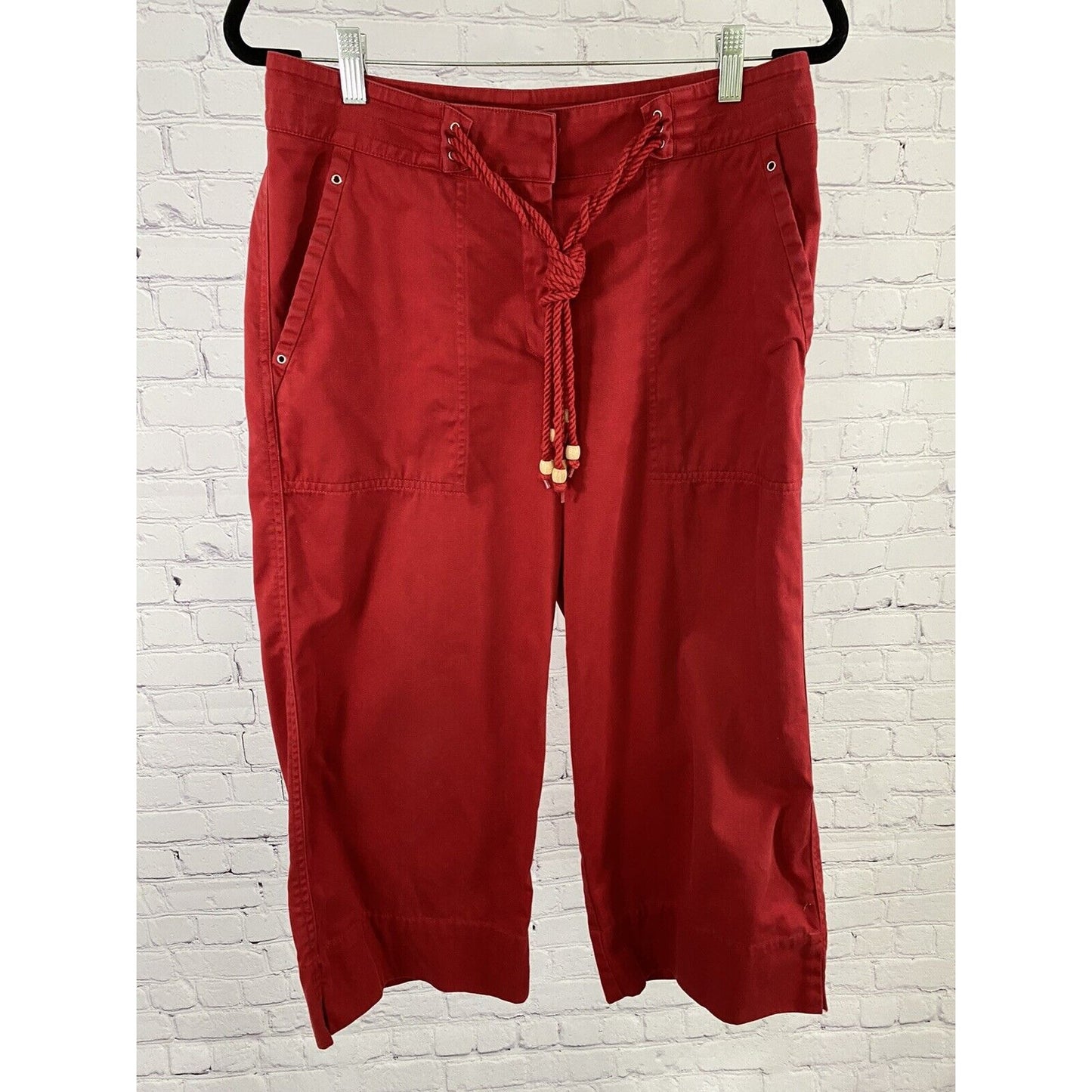 Lauren Ralph Lauren Red Wood Bead Tassled Capris Wide Leg Cotton Pockets Size 8