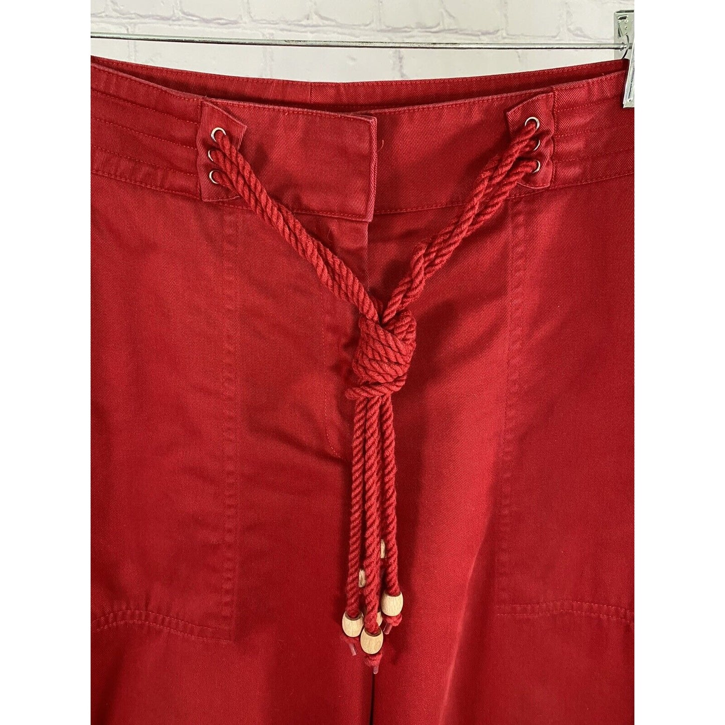Lauren Ralph Lauren Red Wood Bead Tassled Capris Wide Leg Cotton Pockets Size 8