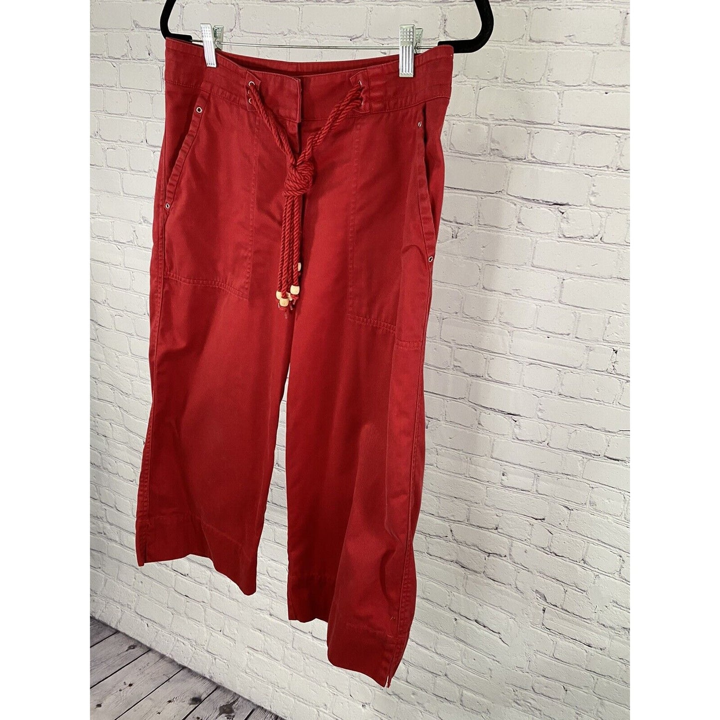 Lauren Ralph Lauren Red Wood Bead Tassled Capris Wide Leg Cotton Pockets Size 8