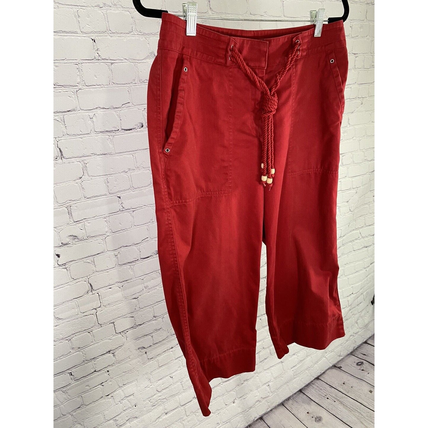 Lauren Ralph Lauren Red Wood Bead Tassled Capris Wide Leg Cotton Pockets Size 8