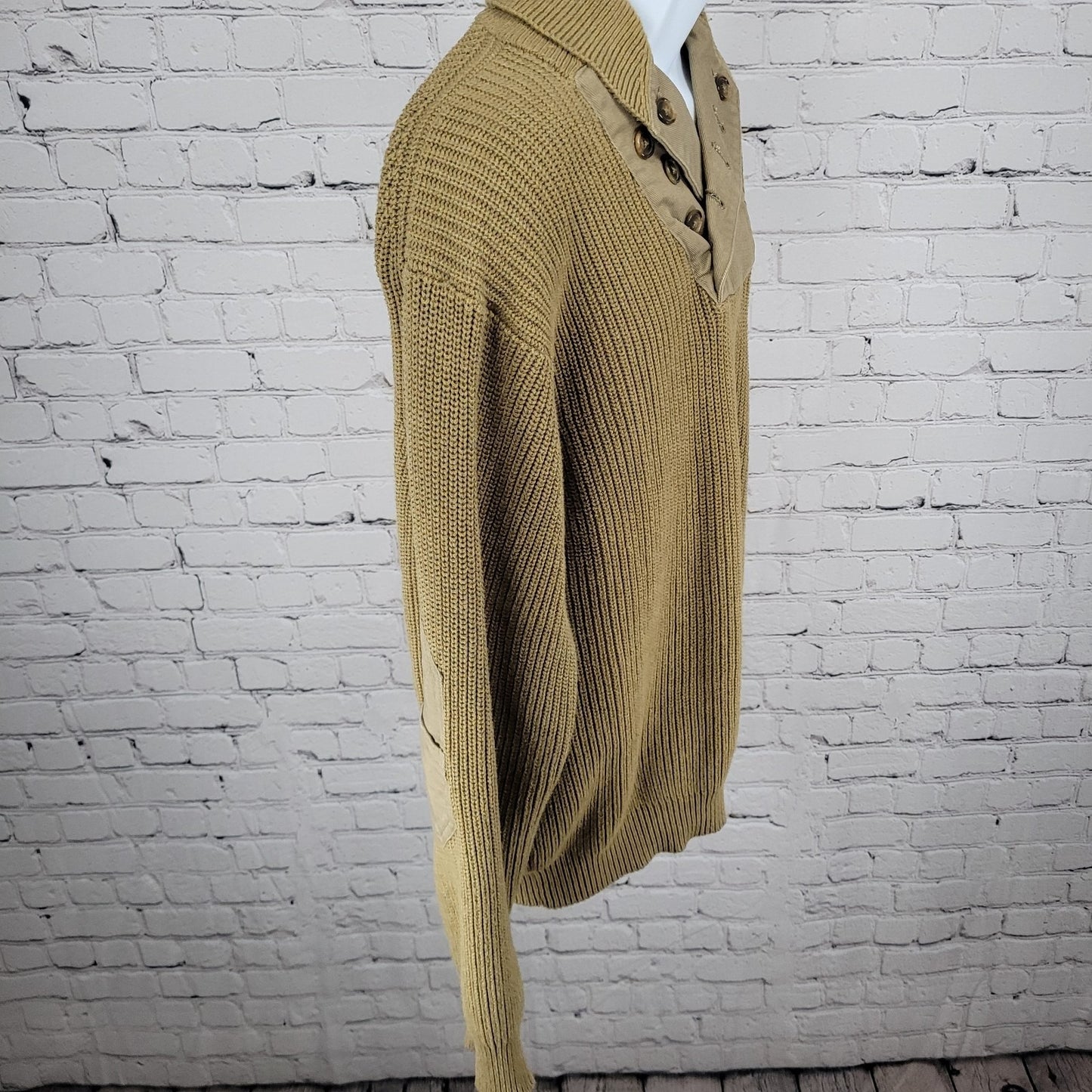 Orvis Green Khaki Cotton Cowl Neck Elbow Patches Pullover Sweater Size Large L