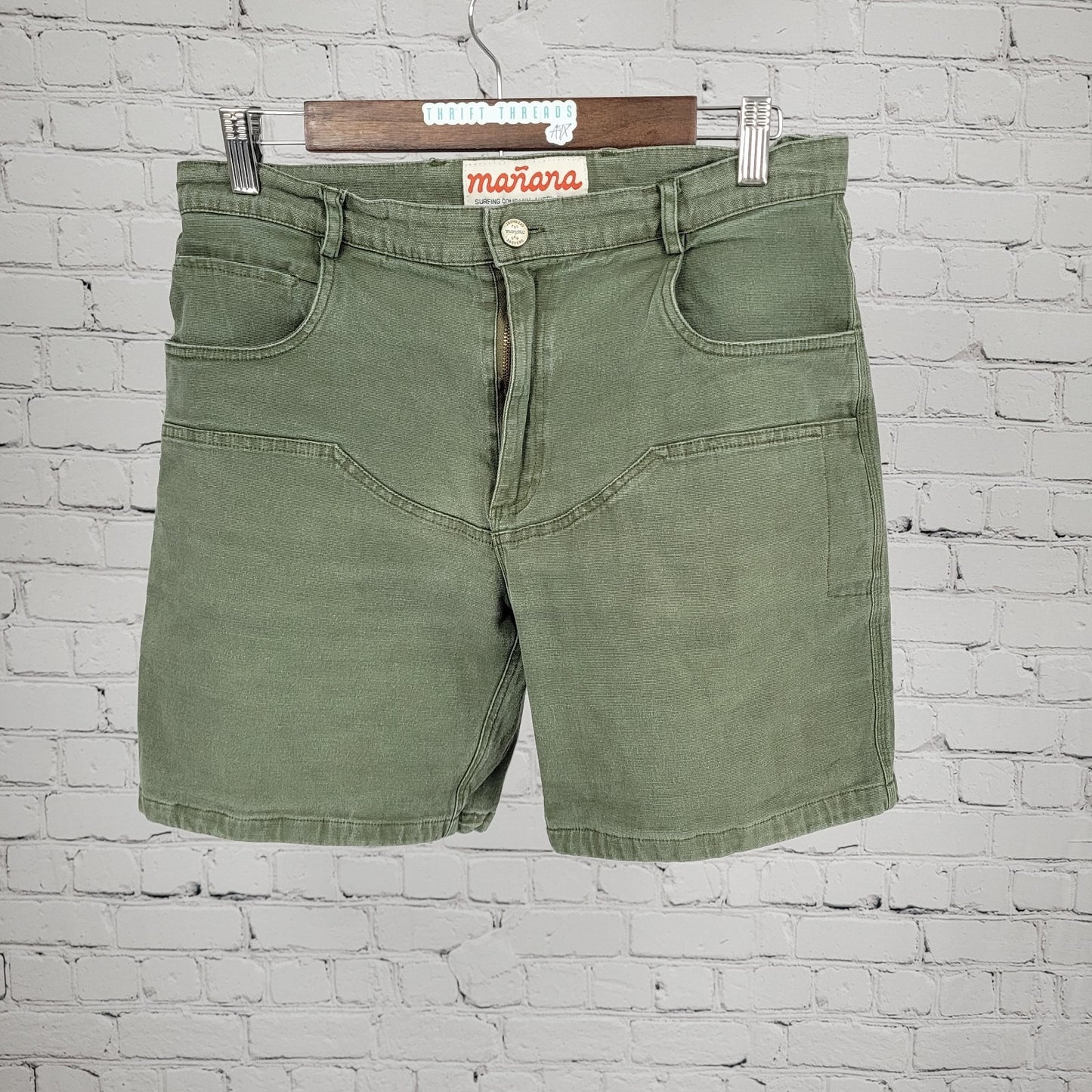 Manana Surfing Co Green Cotton Stretch Land Sea Shorts Austin Texas 32 (32x6.5)