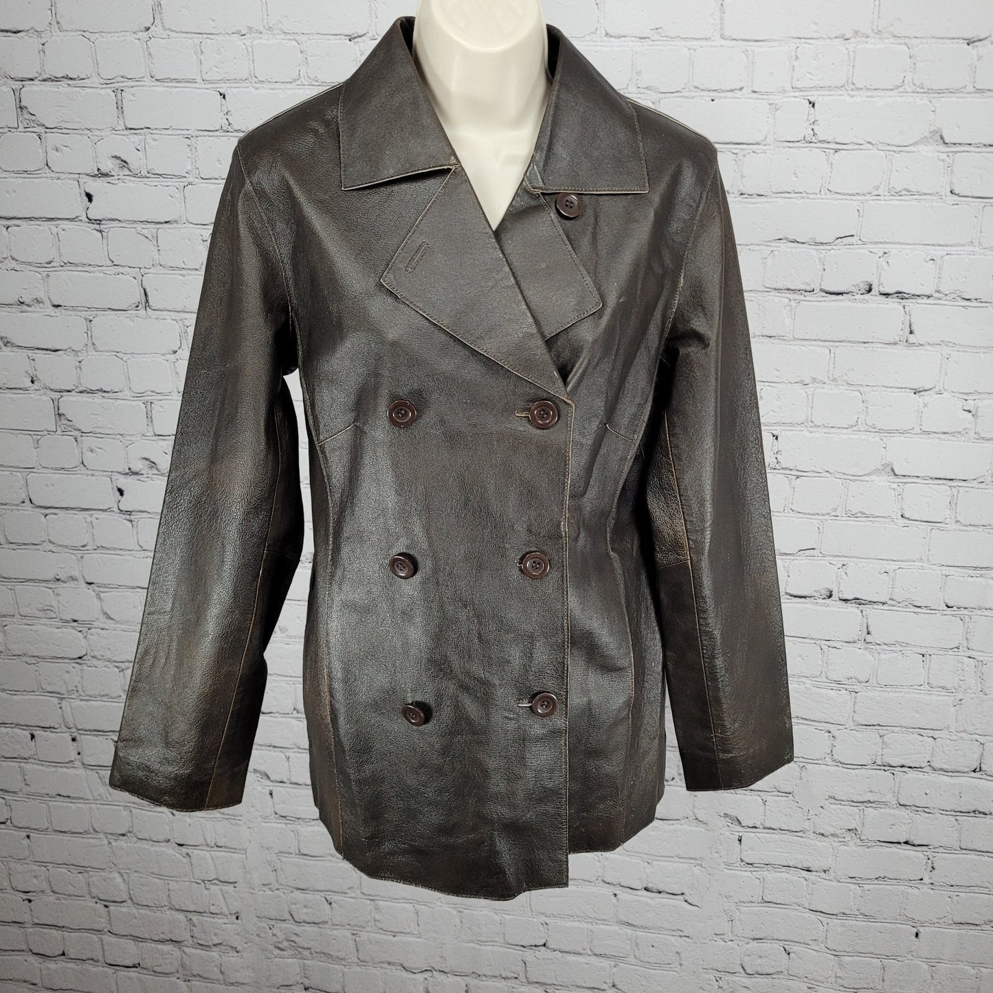 Brandon Thomas Brown Genuine Leather Double Breasted Buttoned Jacket Size Medium