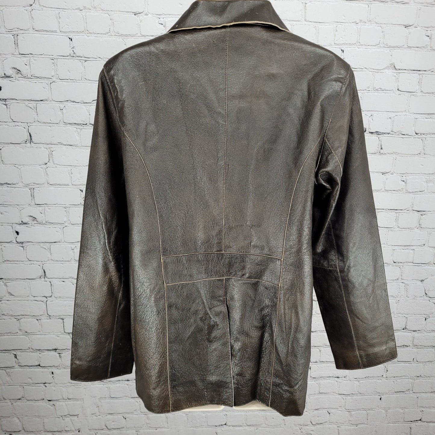 Brandon Thomas Brown Genuine Leather Double Breasted Buttoned Jacket Size Medium