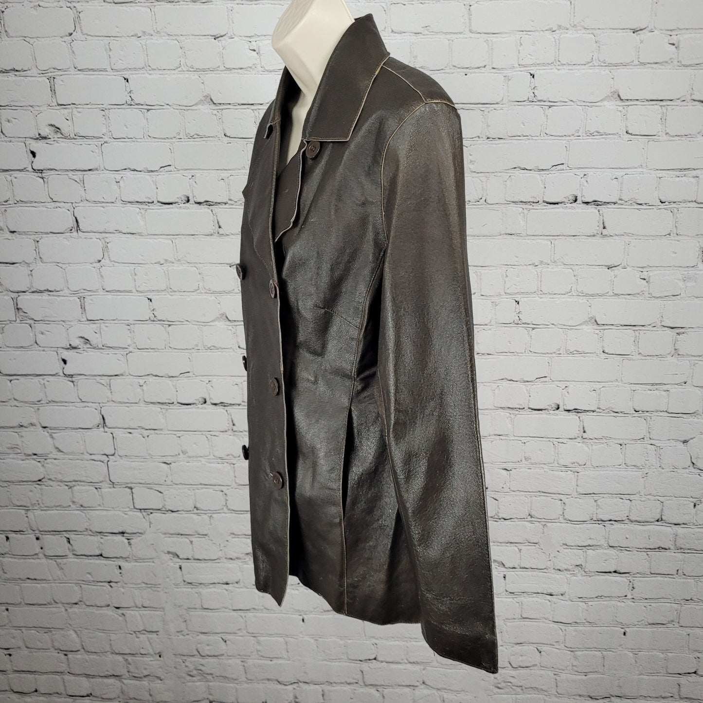 Brandon Thomas Brown Genuine Leather Double Breasted Buttoned Jacket Size Medium