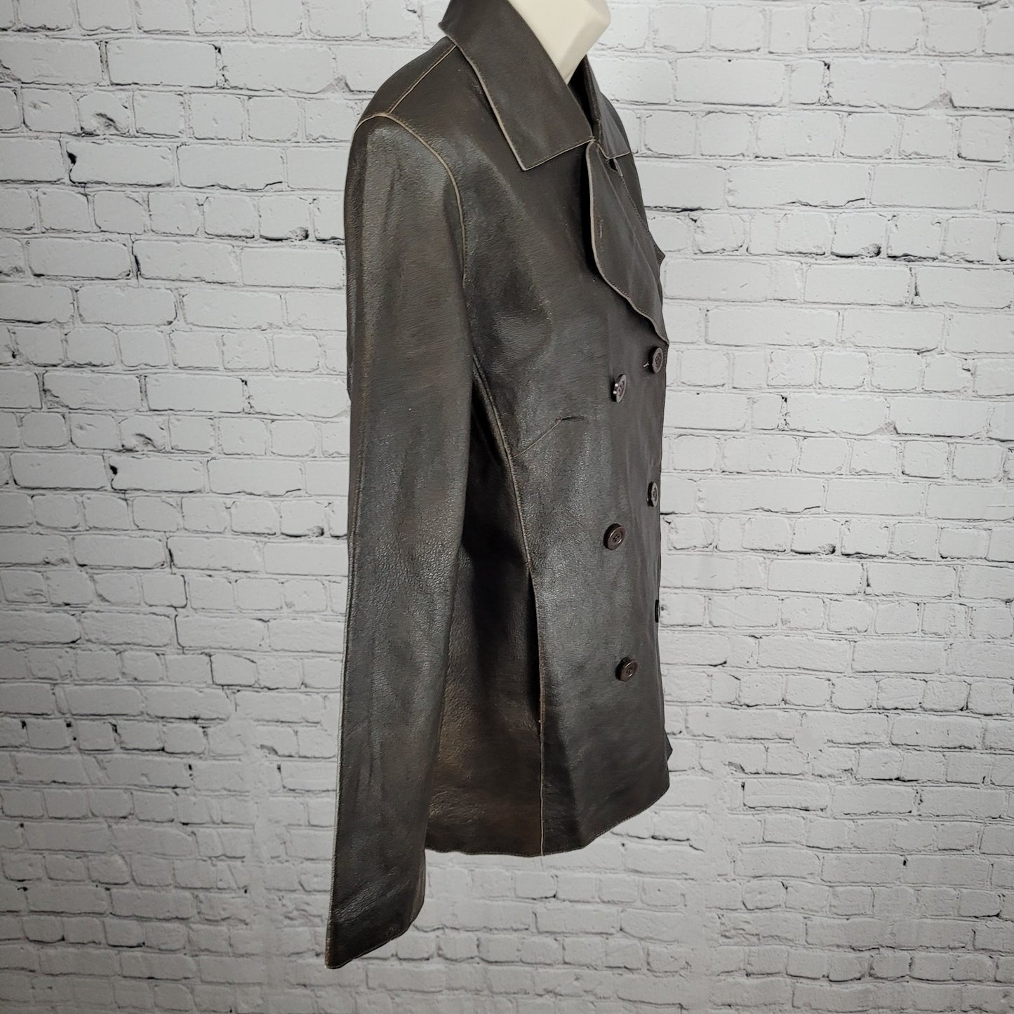 Brandon Thomas Brown Genuine Leather Double Breasted Buttoned Jacket Size Medium