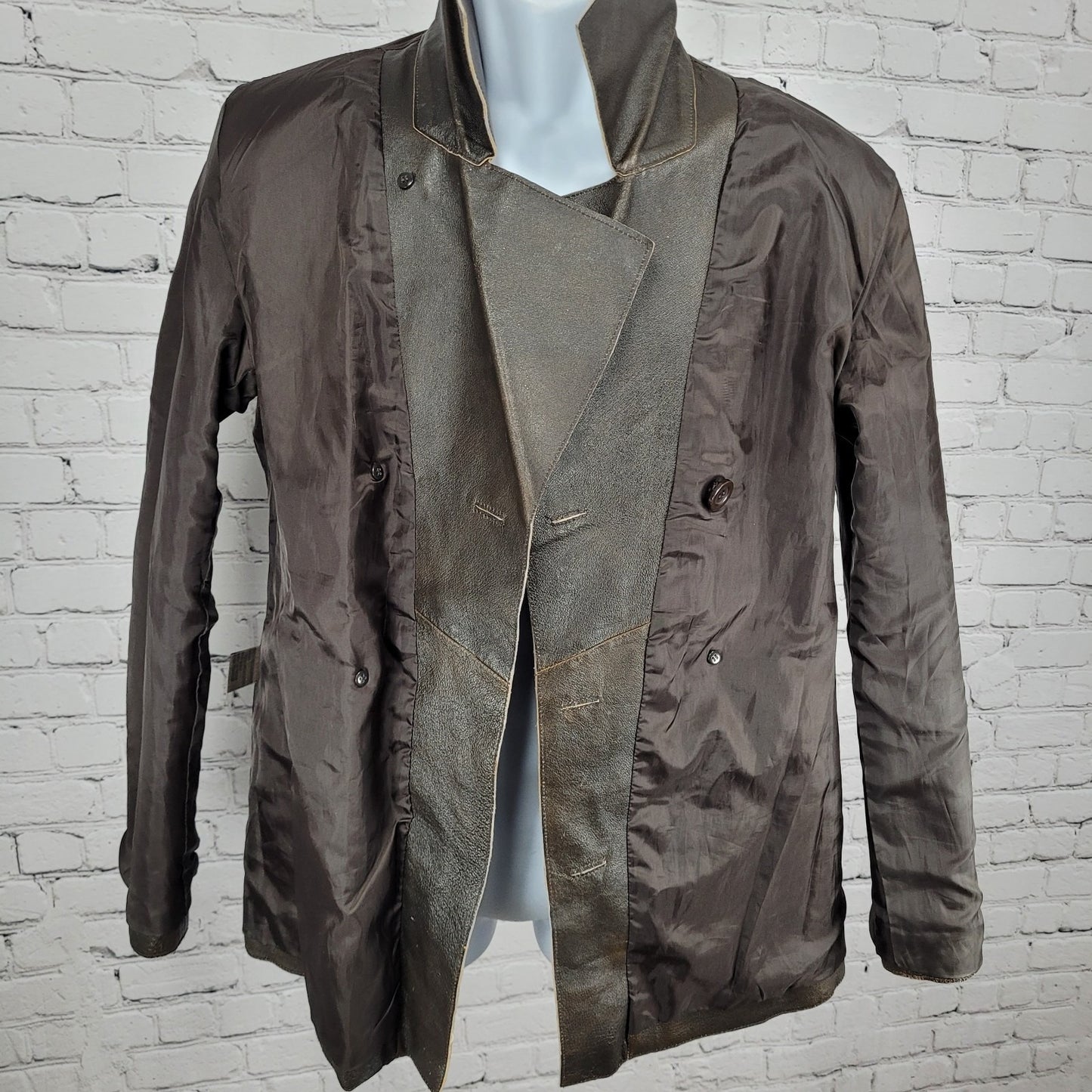 Brandon Thomas Brown Genuine Leather Double Breasted Buttoned Jacket Size Medium