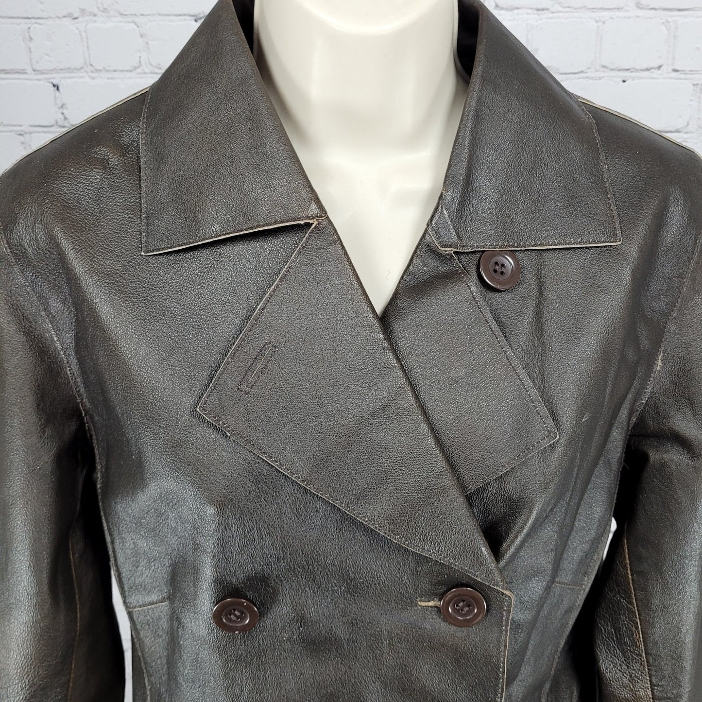 Brandon Thomas Brown Genuine Leather Double Breasted Buttoned Jacket Size Medium