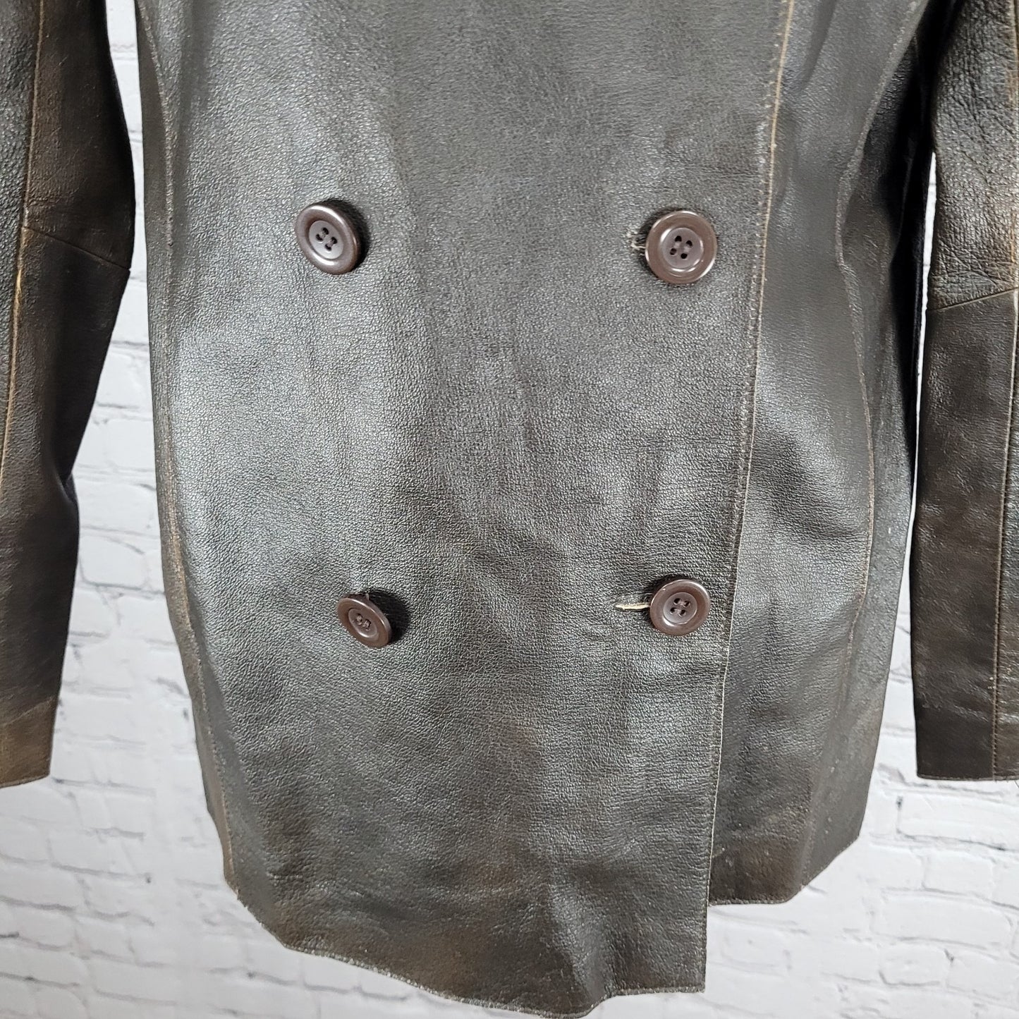 Brandon Thomas Brown Genuine Leather Double Breasted Buttoned Jacket Size Medium