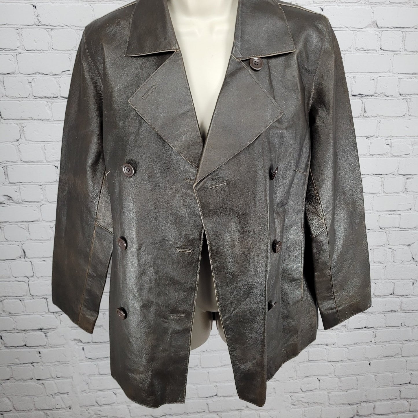 Brandon Thomas Brown Genuine Leather Double Breasted Buttoned Jacket Size Medium