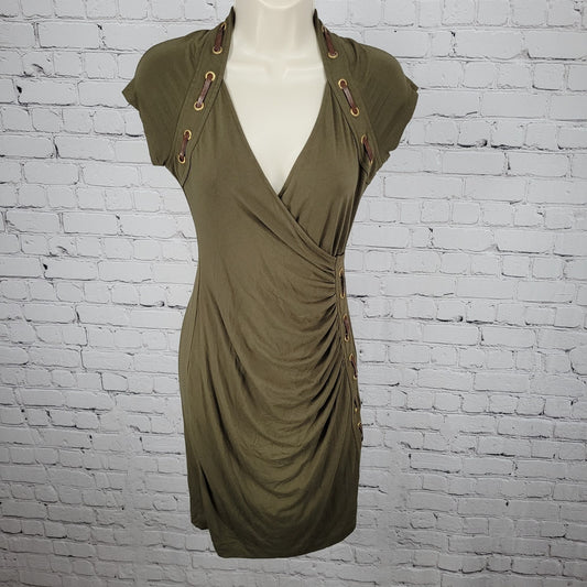 Carmen Marc Valvo Green Ruched Plunge Short Sleeve Stretch Dress Size Small S