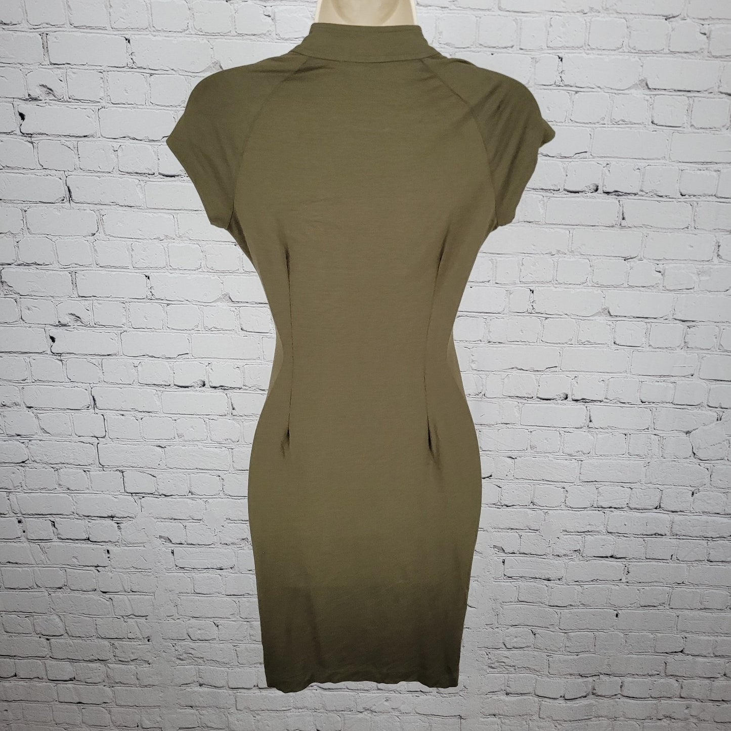 Carmen Marc Valvo Green Ruched Plunge Short Sleeve Stretch Dress Size Small S