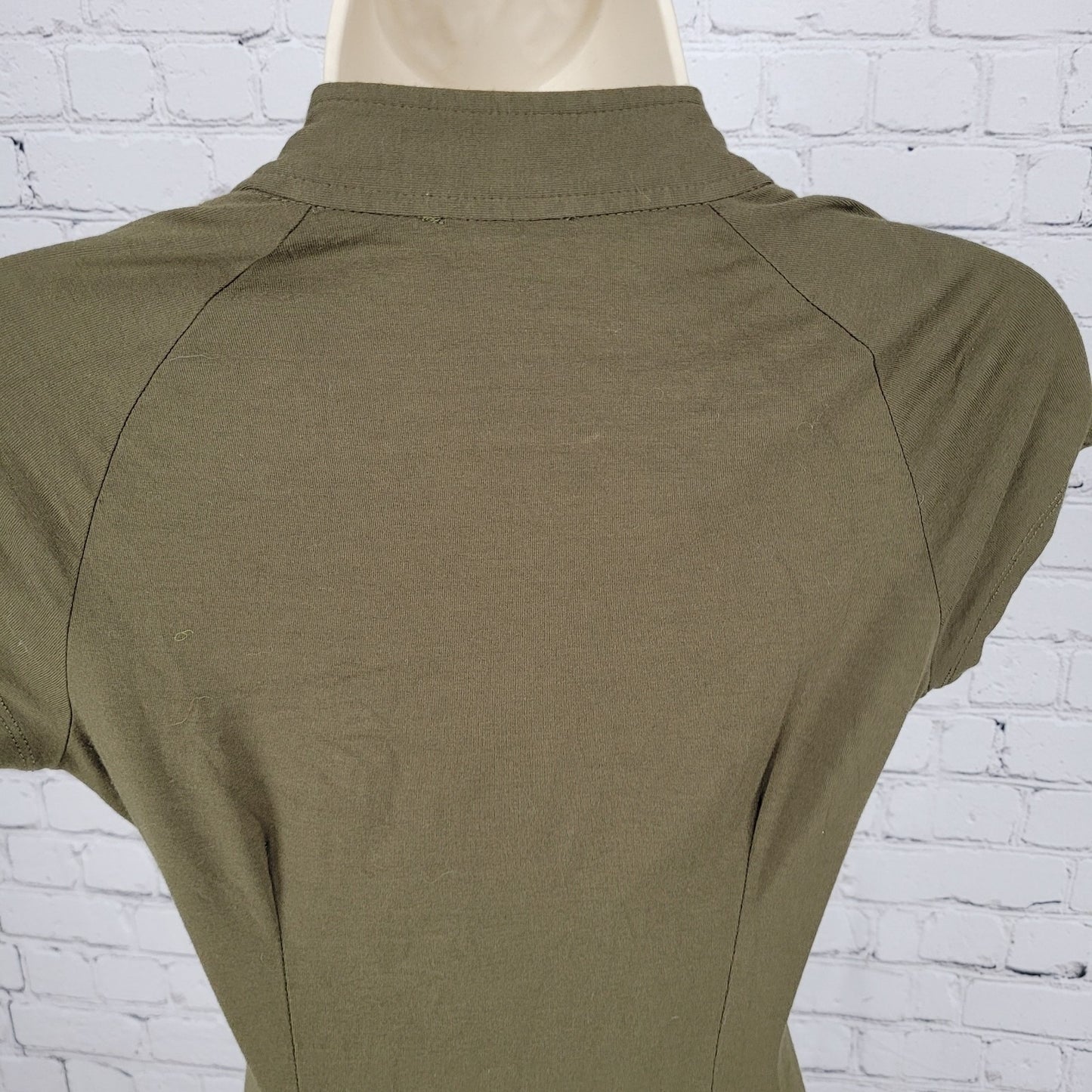 Carmen Marc Valvo Green Ruched Plunge Short Sleeve Stretch Dress Size Small S