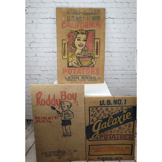 VTG Lot Of 3 CA Pin Up Lehr Bros Roddy Boy Galaxie Potato Burlap Sack Art USA