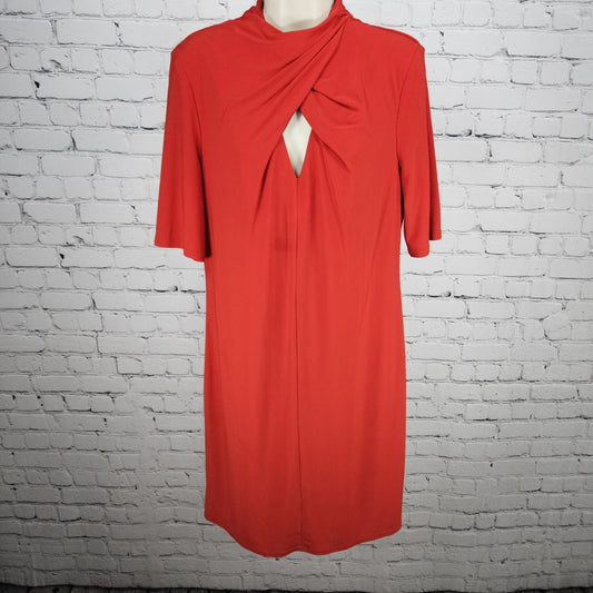 Nicole Miller Studio Red Twist Neck Short Sleeve Lined Back Zip Midi Dress 12