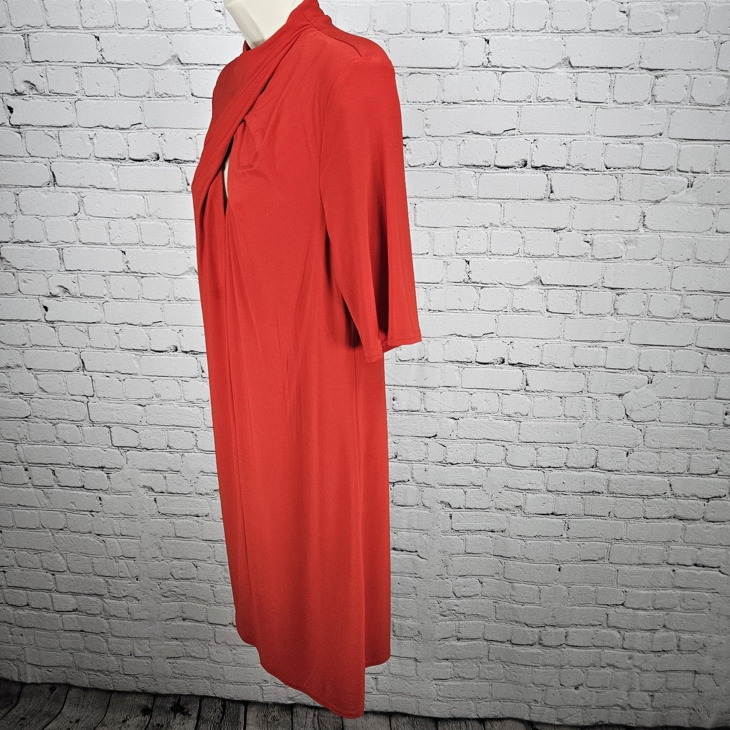 Nicole Miller Studio Red Twist Neck Short Sleeve Lined Back Zip Midi Dress 12