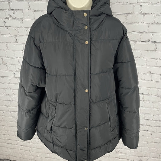Zara Black Insulated Full Zip Gold Snap Hooded Knit Cuff Puffer Coat Size Large
