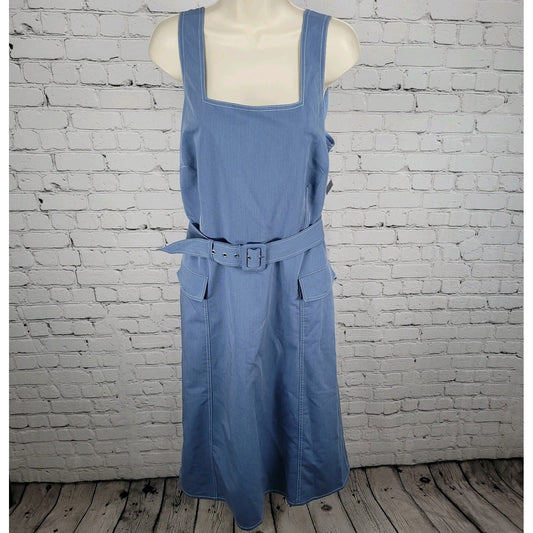NWT Tahari ASL Blue Belted Sleeveless Square Neck Lined Midi Dress Size 16W