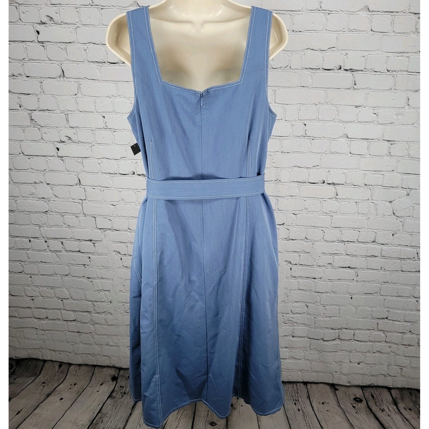 NWT Tahari ASL Blue Belted Sleeveless Square Neck Lined Midi Dress Size 16W