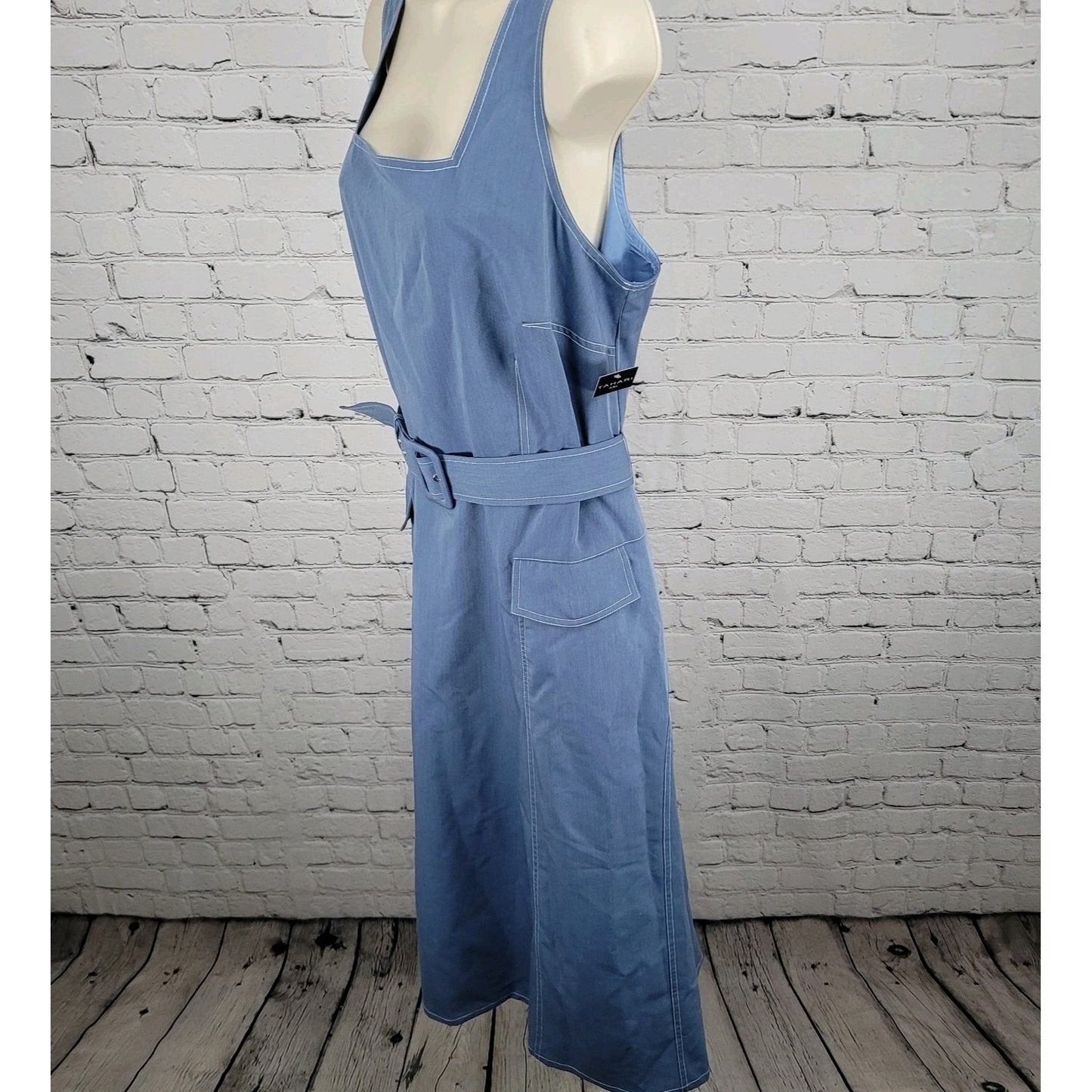 NWT Tahari ASL Blue Belted Sleeveless Square Neck Lined Midi Dress Size 16W
