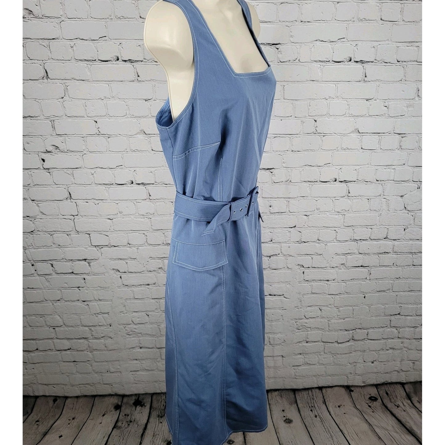 NWT Tahari ASL Blue Belted Sleeveless Square Neck Lined Midi Dress Size 16W