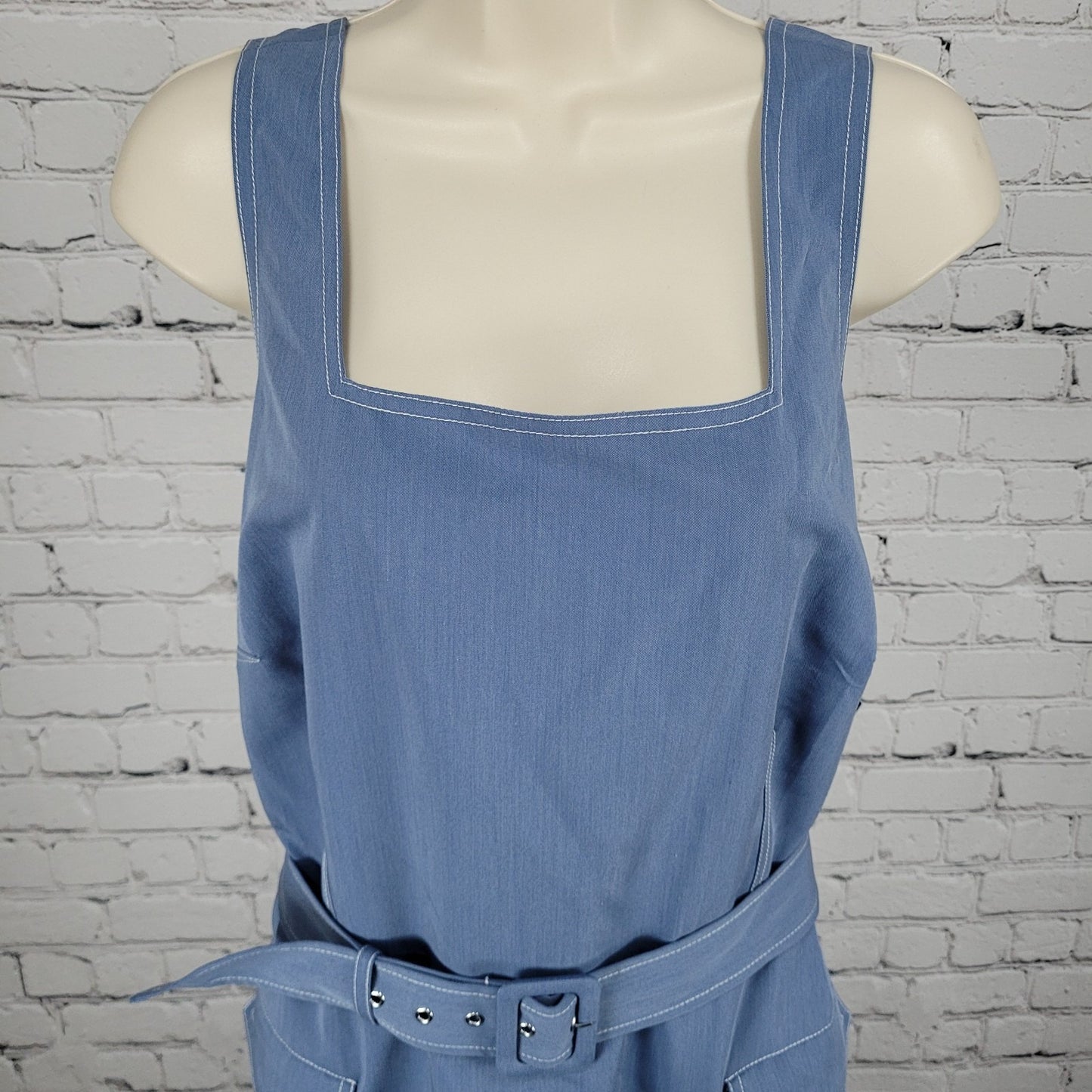 NWT Tahari ASL Blue Belted Sleeveless Square Neck Lined Midi Dress Size 16W