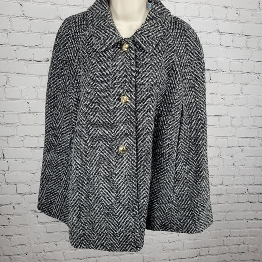 Draper James Black White Wool Blend Tweed Belted Sleeveless Cape Coat Size M/L