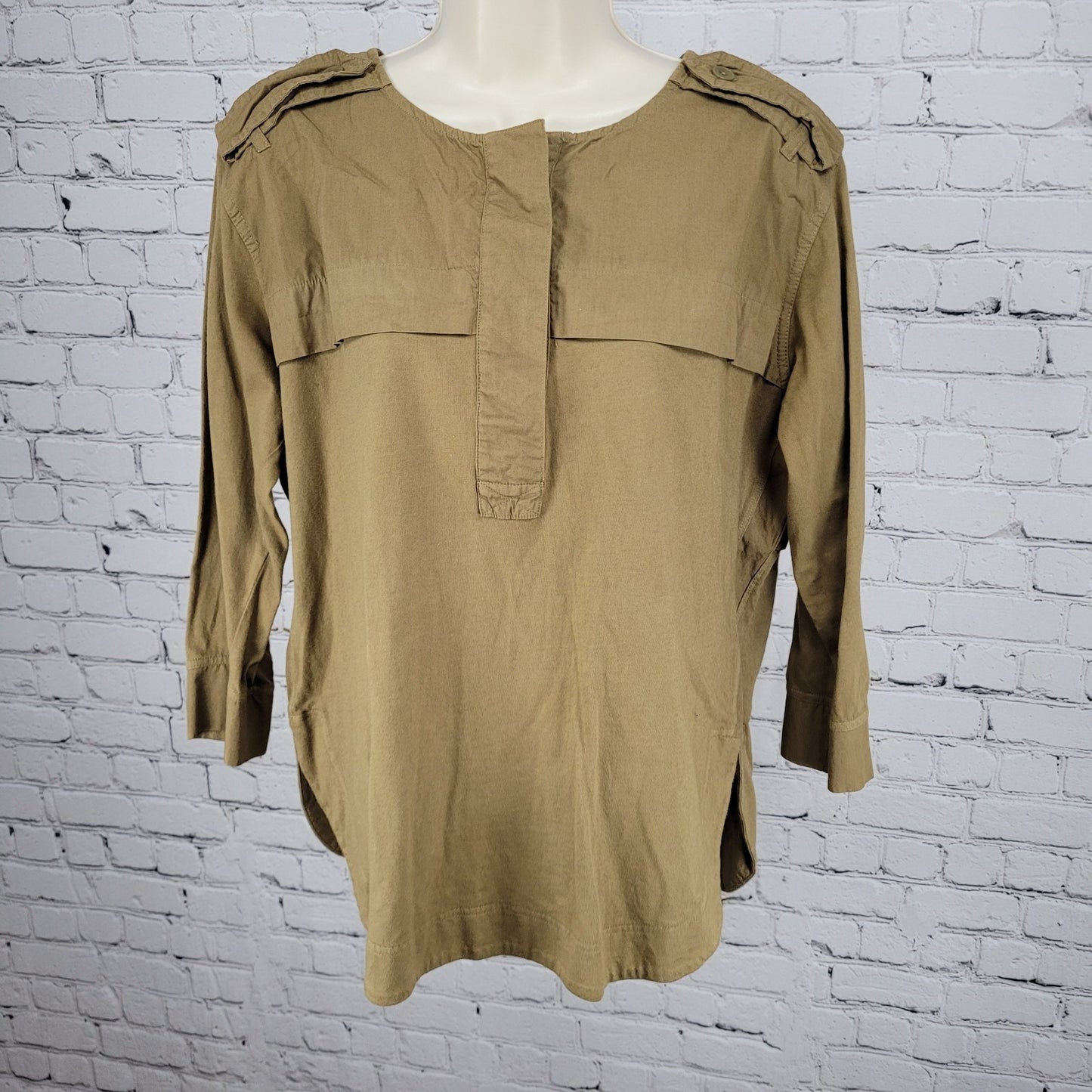 Madewell Green 100% Cotton 3/4 Sleeve Boxy Buttoned Top Size Small S