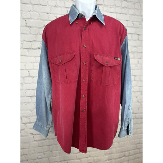 Cutter & Buck Red Denim Color Block Cotton Button Up Long Sleeve Size Medium M