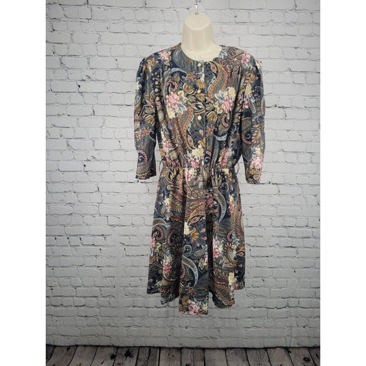VTG California Looks Elastic Waist Button Up Front Floral 3/4 Sleeve Dress 14