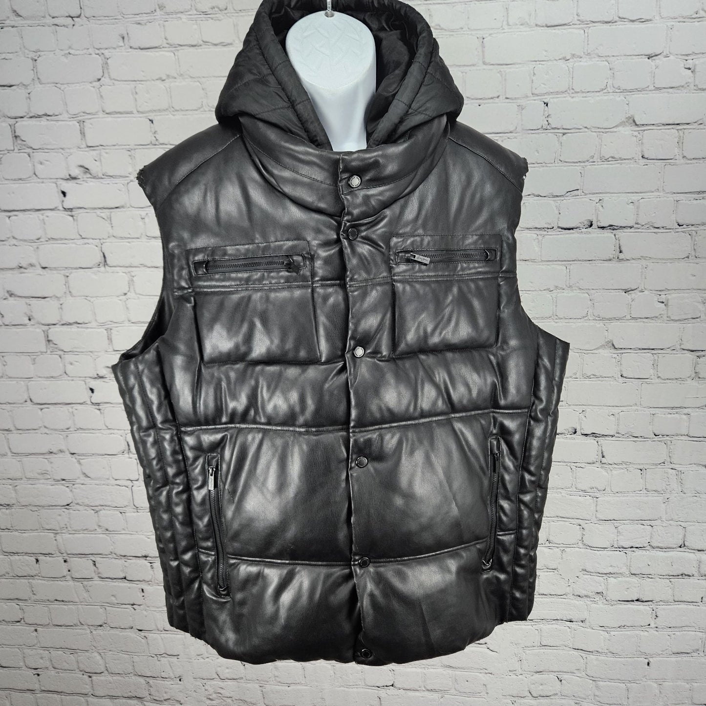 Sean John Black Faux Leather Full Zip Snap Insulated Hooded Puffer Vest XL
