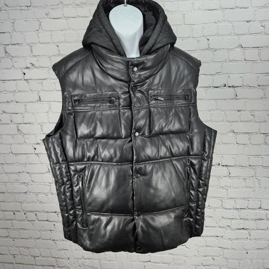 Sean John Black Faux Leather Full Zip Snap Insulated Hooded Puffer Vest XL