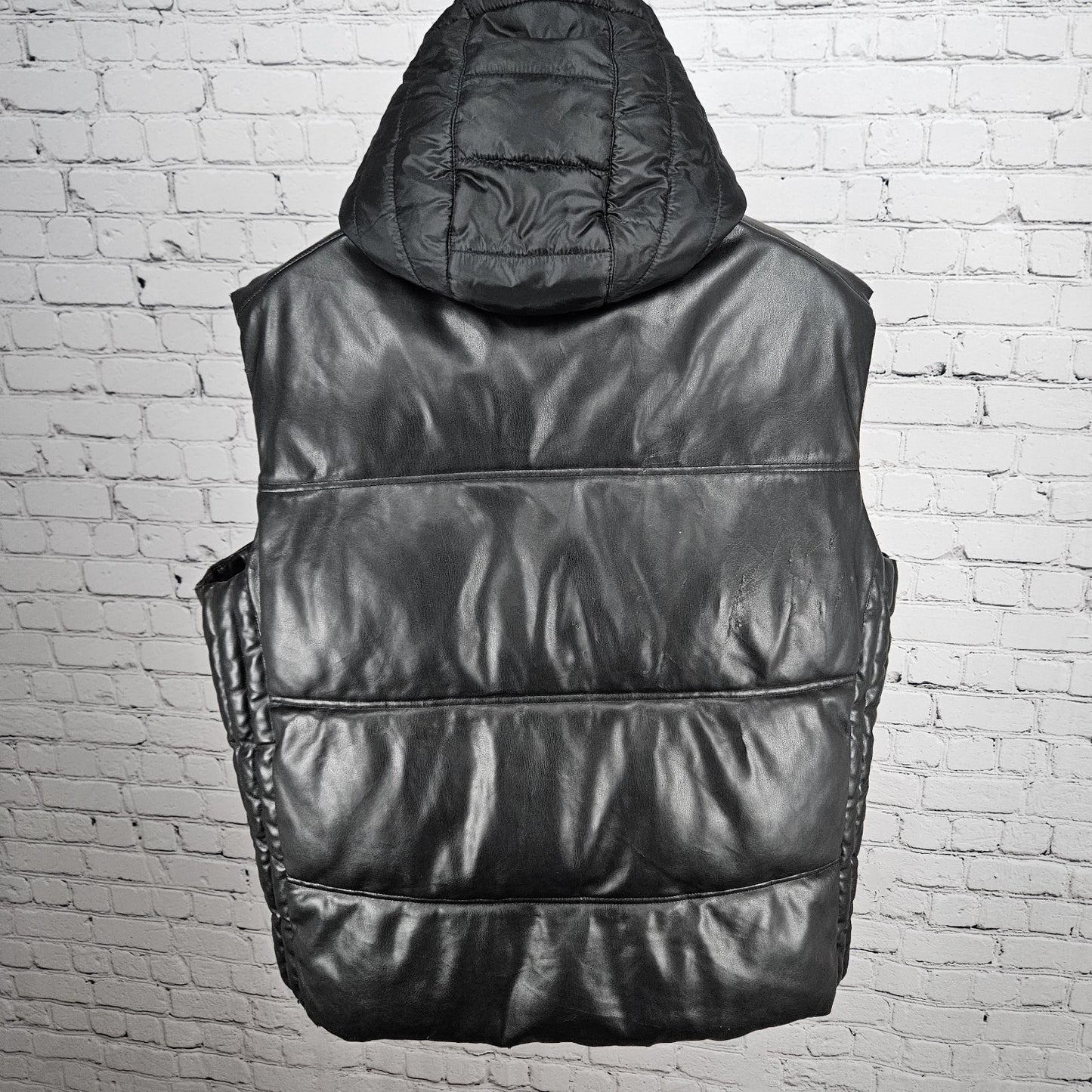 Sean John Black Faux Leather Full Zip Snap Insulated Hooded Puffer Vest XL