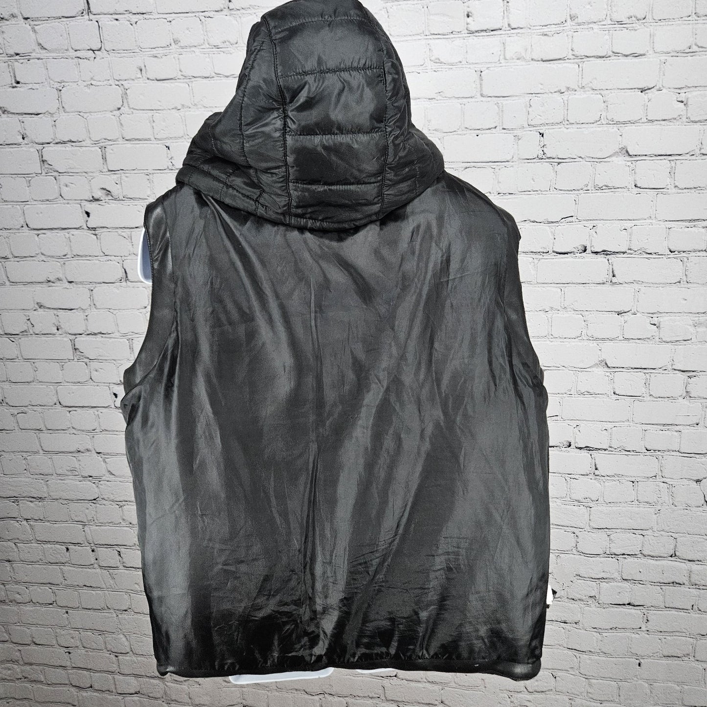 Sean John Black Faux Leather Full Zip Snap Insulated Hooded Puffer Vest XL