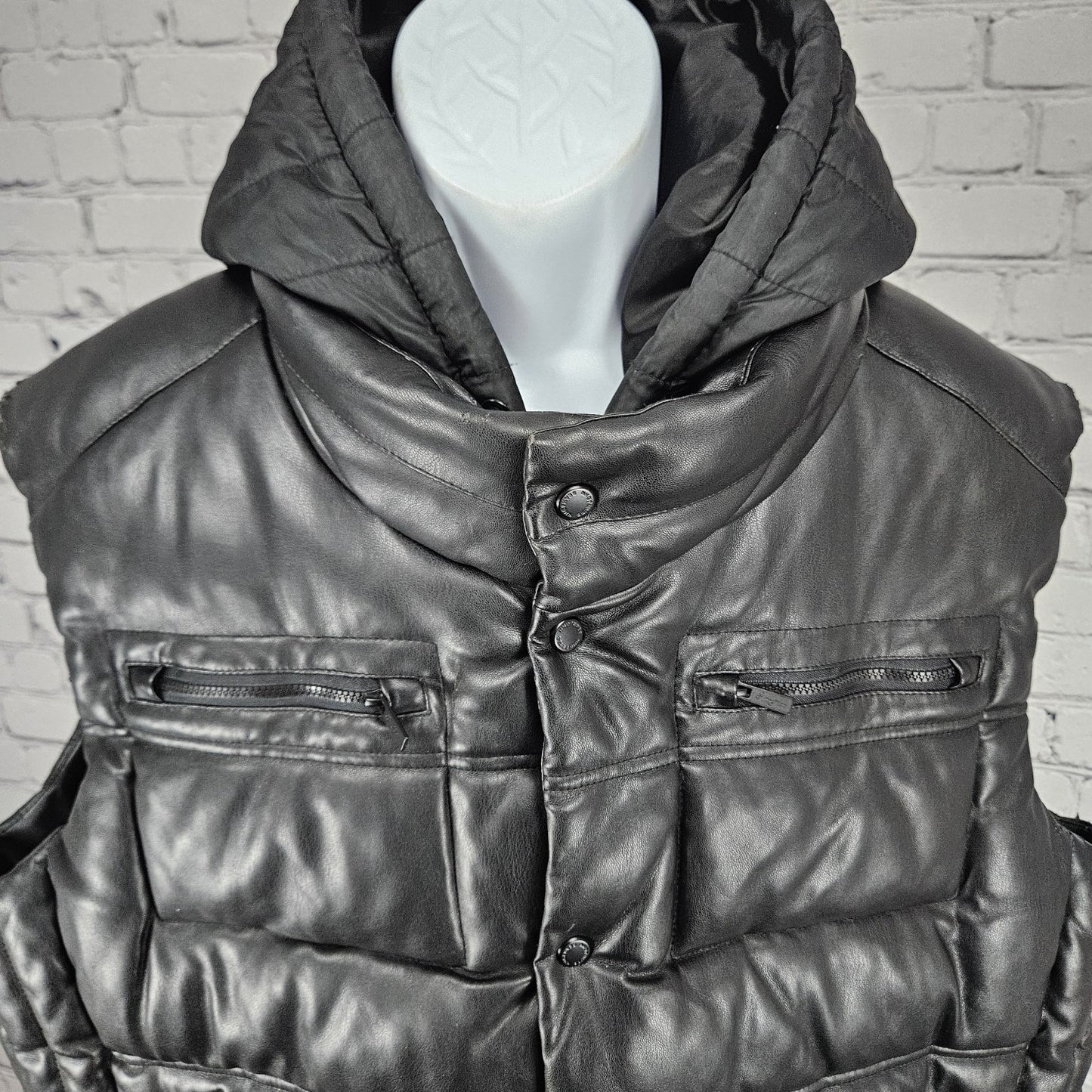 Sean John Black Faux Leather Full Zip Snap Insulated Hooded Puffer Vest XL