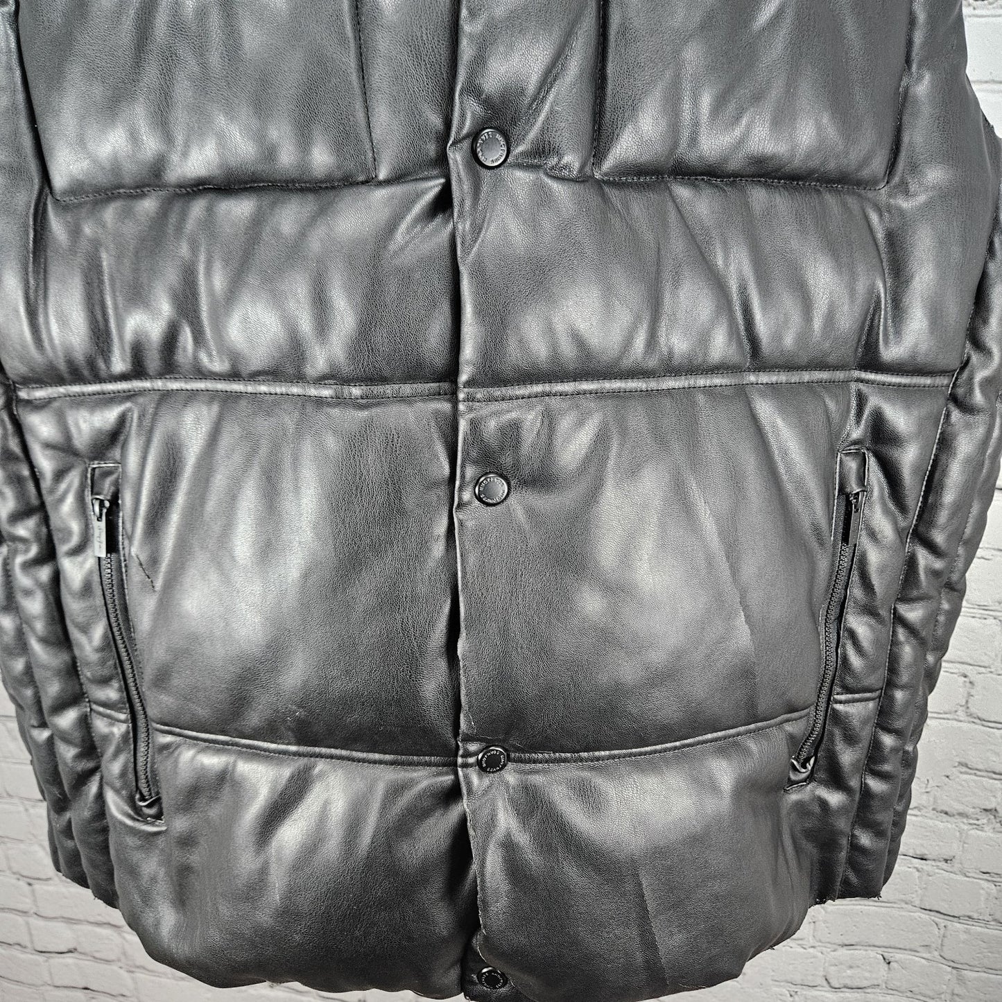 Sean John Black Faux Leather Full Zip Snap Insulated Hooded Puffer Vest XL